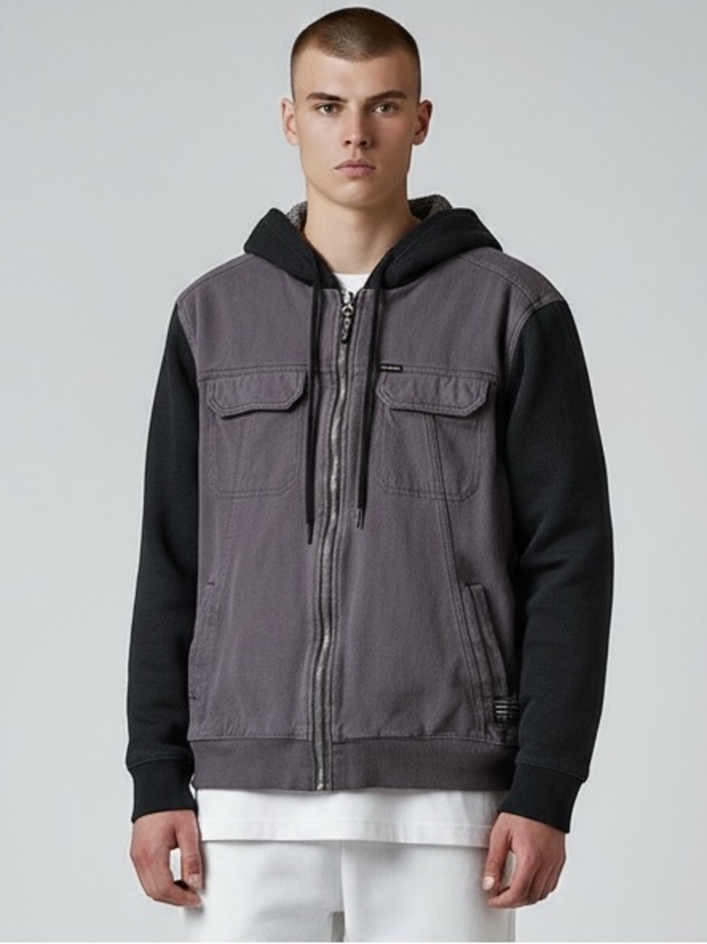 O'Neill Men's Mixed Media Sherpa Lined Full Zip Hooded Jacket Gray S